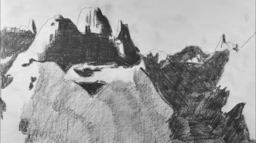 animation of movement through a pencil drawn landscape with moving light sourse